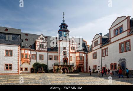 Courtyard, Stadtpfeiferturm tower, Schloss Weilburg Castle, Weilburg an der Lahn, Hesse, Germany, Europe Stock Photo