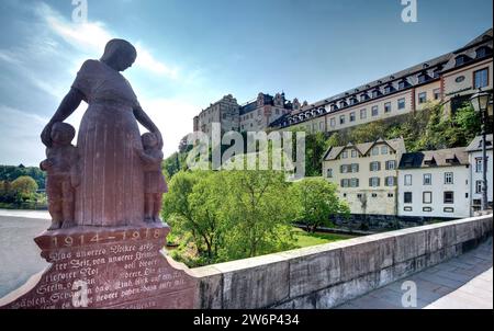 Stone sculpture, memorial of the First World War, River Lahn, Weilburg Castle, Weilburg, Hesse, Germany, Europe Stock Photo