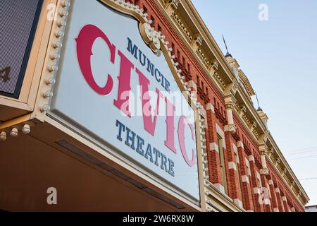 Muncie Civic Theatre Marquee and Facade Against Clear Sky Stock Photo