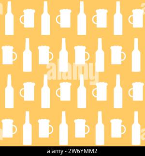 Vector seamless pattern of flat beer bottle and glass silhouette isolated on yellow background Stock Vector