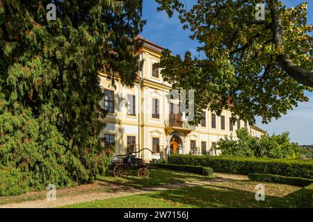 Svojsin, Czech Republic - October 13 2023: Front view of the newly renovated castle, a yellow building with red roof through a park with green bushes Stock Photo