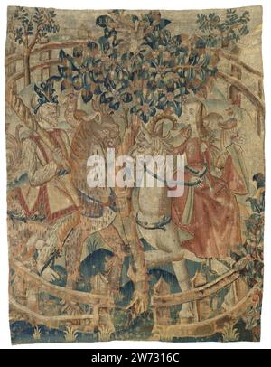 A wild man and woman in a private garden (fragment), anonymous, c. 1500 - c. 1520 Wall carpet -Fragment (?) - With Hortus conclusus with wild men; Within a circular fence of open slat work, there are two -bold horsemen on either side of a flowering tree: on the right falconer on a unicorn, a man on the left a man with a club on a spotted long -standing animal. The people are barefoot, the members strong and long hairy. She wears a wide -sleigh tabolaard made of red velvet and a low hood with dark red, covering over the shoulders. He wears a red -drilled yellow -green paltrock, has a short bear Stock Photo