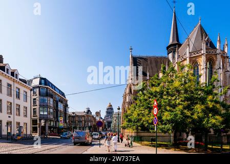 Rue de la Régence and apse of Church of Our Blessed Lady of the Sablon is a Roman Catholic church located in the Sablon-Zavel district, in the histori Stock Photo