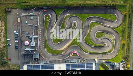 Aerial view, Michael Schumacher Kart Track and Event Center, MS Cart Center, indoor and outdoor go-kart track and moving go-karts, Kerpen, Rhineland, Stock Photo