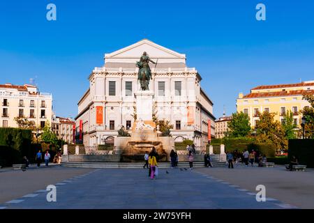 Plaza de Oriente, the equestrian statue of Philip IV and the Royal Theatre in the background. Madrid, Comunidad de madrid, Spain, Europe Stock Photo