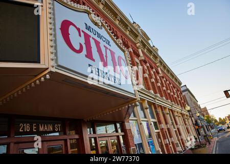 Vintage Muncie Civic Theatre Marquee in Historic Downtown at Golden Hour Stock Photo