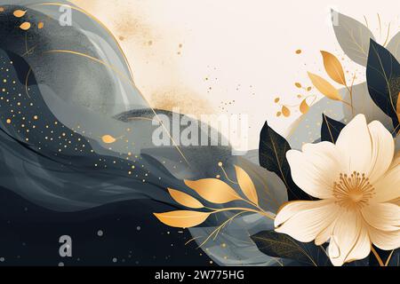 Abstract Art background. Vector luxury minimalism style, art deco. Golden flowers on a gray background. Place for an inscription. Stock Photo