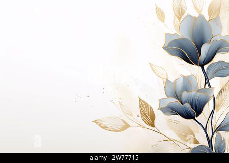Abstract Art background. Vector luxury minimalism style, art deco. Golden flowers on a gray background. Place for an inscription. Stock Photo