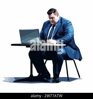 AI. overweight businessman is working on laptop in office. Adult or young programmer guy employee or student, wearing casual plus size wear. Vector fl Stock Photo