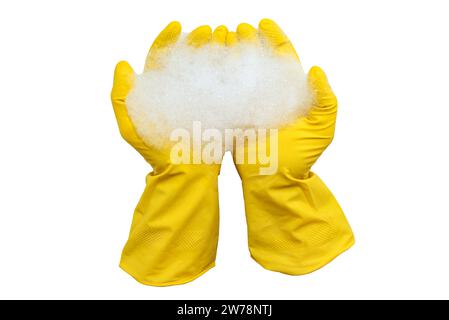 Hands in yellow rubber gloves hold soap foam on a white background. Cleaning Stock Photo