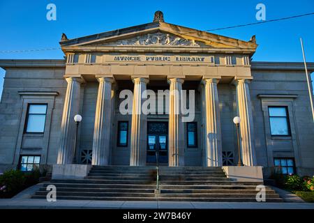 Golden Hour at Muncie Public Library with Carnegie Inscription Stock Photo