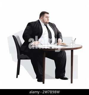 AI. overweight businessman is at the table in office. Adult or young programmer guy employee or student, wearing casual plus size wear. Vector flat st Stock Photo