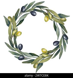 Watercolor olive wreath with green olives oil bottle wreath clipart ...