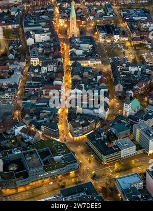 Aerial view, night shot, city center with Ritterstraße and Weststraße up to the Protestant Pauluskirche, Mitte, Hamm, Ruhr area, North Rhine-Westphali Stock Photo