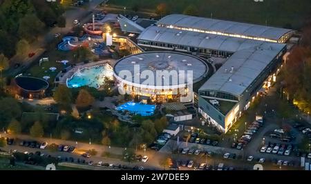 Aerial view, night shot, Maximare Erlebnistherme Bad Hamm GmbH with bathers, center, Hamm, Ruhr area, North Rhine-Westphalia, Germany, Aerial photo, N Stock Photo