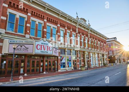 Muncie Civic Theatre at Golden Hour, Indiana - Street Level View Stock Photo