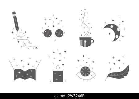 Line starlight compositions. Shine sparcle stars on glasses, cup, diary, book, candle silhouette. Stock Vector
