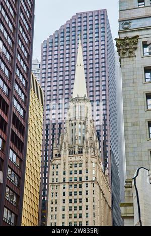 Spire of downtown Chicago, Illinois skyscraper building on gloomy day in city, USA Stock Photo