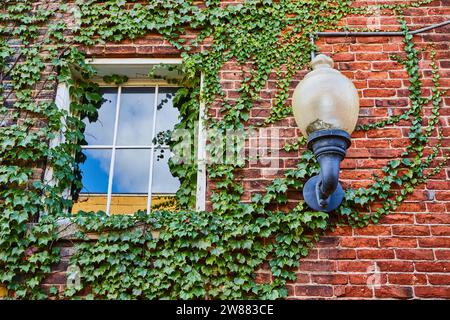 Red brick wall with green ivy vines of plant growing around window and old, retro light, summer Stock Photo