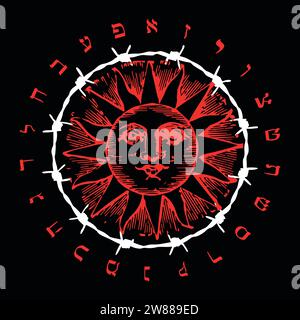 T-shirt design of the sun in red surrounded by the Hebrew alphabet and a barbed wire. satanic circle Stock Vector