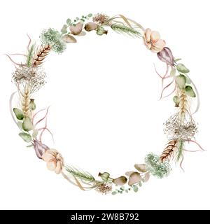 Delicate watercolor wreath of pink and purple flowers with green leaves arranged in a symmetrical circle on a white background. Stock Photo