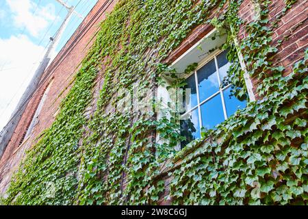 Red brick building wall with two windows covered in lush green ivy vines plant Stock Photo
