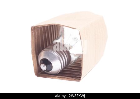 light bulb in cardboard box isolated on white background Stock Photo