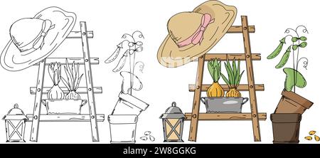 Hand-Drawn Coloring Page For Kids Featuring A Ladder, Hat, And Pots With Seedlings Is A Garden Illustration And A Vector Illustration Coloring Book For Creativity Stock Vector