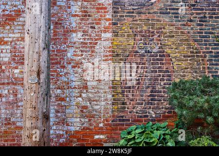 Painted red brick wall with faded owl mural, green plants on right corner and telephone pole on left Stock Photo