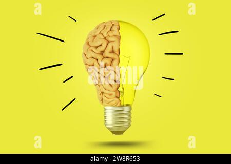 Creative Brain Light Bulb Shining On Bright Yellow Color Background, Concept. Think Differently, Creative Idea. Brainstorm Stock Photo