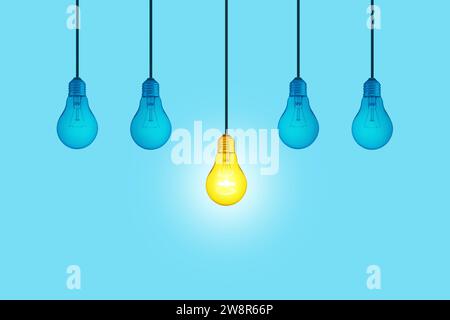 Blue Light Bulbs With Glowing One Yellow Different Light Bulb Idea Hanging On Blue Background.  Think Creatively Concept. New Creative Idea. Brainstor Stock Photo
