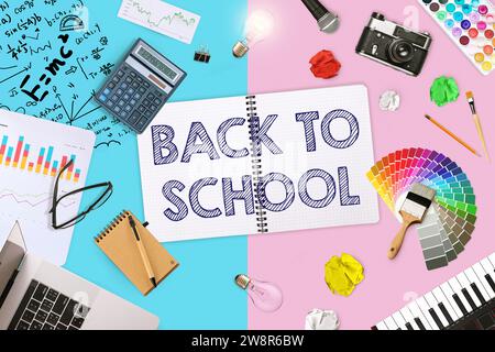 Notebook With Text Back To School On Desktop With Notepad, Laptop, Graphs, Calculator, Camera, Synthesizer And Brush With Color Selection, Top View. E Stock Photo
