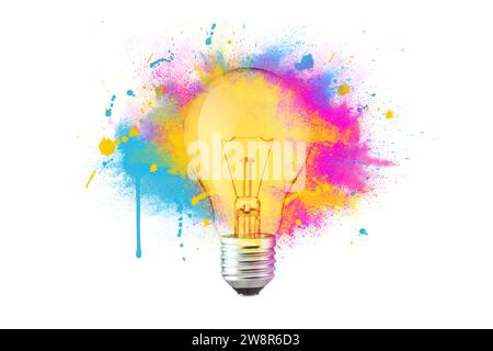 Creative Colorful Light Bulb Explosion With Blue, Yellow And Pink Splash On A White Background, Creativity Idea. Light Bulb And Paint, Concept. Think Stock Photo