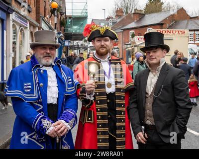 Lymm Dickensian Day 2023. People dressed in Dickensian costume; stalls in the streets; street entertainment; Grand Parade Stock Photo