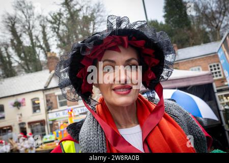 Lymm Dickensian Day 2023. People dressed in Dickensian costume; stalls in the streets; street entertainment; Grand Parade Stock Photo