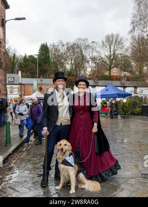 Lymm Dickensian Day 2023. People dressed in Dickensian costume; stalls in the streets; street entertainment; Grand Parade Stock Photo