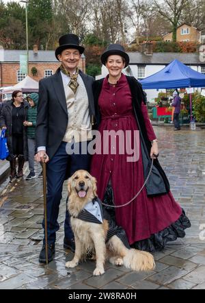 Lymm Dickensian Day 2023. People dressed in Dickensian costume; stalls in the streets; street entertainment; Grand Parade Stock Photo