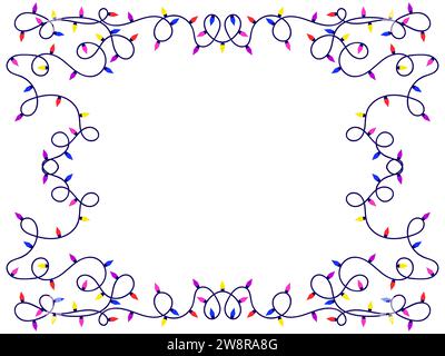 Christmas light frame. Festive frame with Christmas glowing garland on a white background. LED Christmas tree lights. Festive design for posters, bann Stock Vector