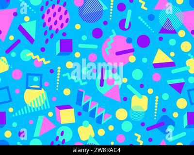3d geometric seamless pattern in 80s style. 3d isometric triangles, zigzags and cubes. Geometric memphis style. Design for promotional products, wrapp Stock Vector