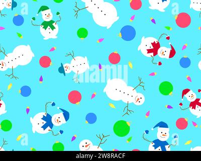 Snowman and Christmas balls seamless pattern. Christmas decorations and snowman with a carrot for a nose and a branch for hands. Xmas design for banne Stock Vector