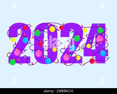 2024 Happy New Year. Text braided with Christmas glowing garland. Christmas light. LED Christmas tree lights. Xmas design for greeting cards, banners Stock Vector
