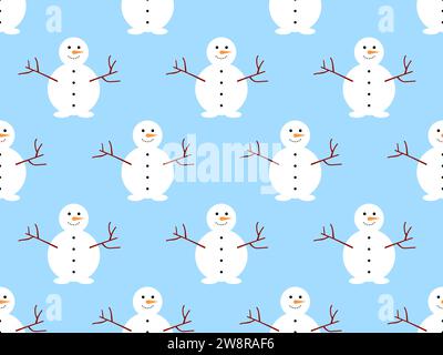 Snowmen seamless pattern. Winter background with a snowman with a carrot for a nose and a branch for hands. Xmas design for wrapping paper, banners an Stock Vector