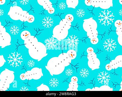 Seamless pattern with snowmen and snowflakes. Snowman with a carrot for a nose and a branch for hands. Xmas design for wrapping paper, banners and pro Stock Vector