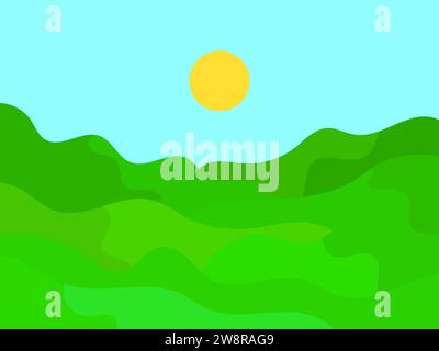 Wavy landscape with green hills and the sun on the horizon. Dawn with green meadows in a minimalist style. Design for posters, prints and banners. Vec Stock Vector