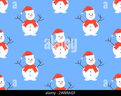 Seamless pattern with snowman wearing a Santa Claus hat and scarf. Snowman with a carrot for a nose and a branch for hands. Xmas design for banner and Stock Vector