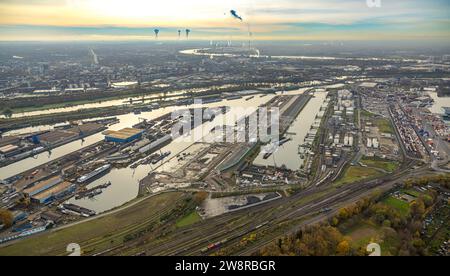 Aerial view, Duisburg harbor area with oil island, coal island and scrap island, in the background the construction site for a new bridge connecting t Stock Photo