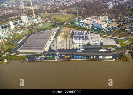 Aerial view, logport VI (Six) industrial area logistics services with container loading area, surrounded by autumnal deciduous trees, Alt-Walsum, Duis Stock Photo