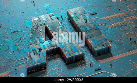 AI rendered in vibrant copper circuits on a turquoise motherboard, symbolizing the melding of artificial intelligent technology with intellect Stock Photo