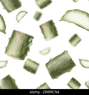 Aloe leaves green floral seamless 3d blured pattern watercolor, isolated on white background, hand drawn. Cutted succulent, botanical. For background Stock Photo