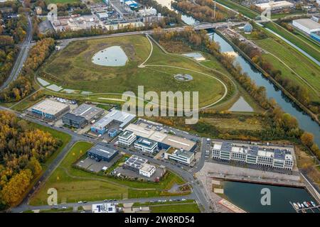 Aerial view, slag heap at the Stölting Marina, Johannes-Raus-Straße industrial estate, Datteln-Hamm Canal and artwork The Ball at the canal bridge, su Stock Photo